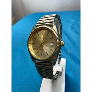 Elements Mens Worn Gold Tone Quartz Watch Stretch Band New Battery